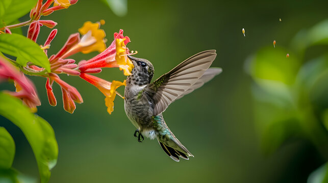 A hummingbird sipping nectar from a trumpet-shaped honeysuckle flower