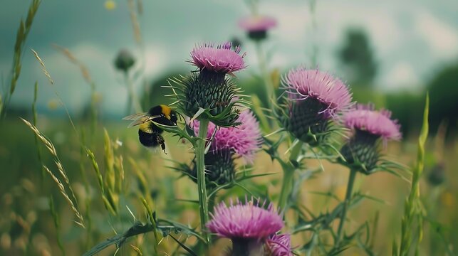 a cluster of milk thistle blooms with a bee collecting pollen