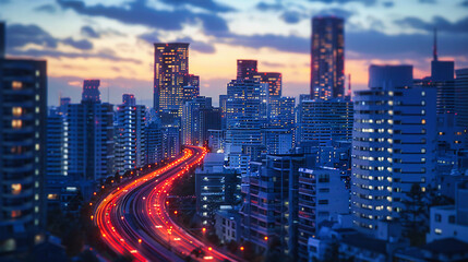 Obraz premium Dusk Descends on the Urban Landscape, City Lights Begin Their Nocturnal Symphony