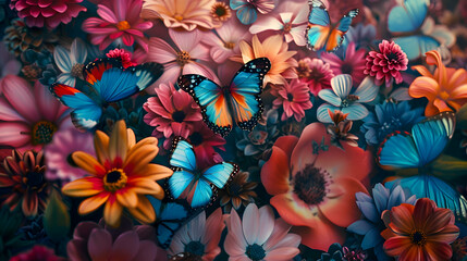 A kaleidoscope of butterflies alighting on vibrant blooms in a botanical wonderland