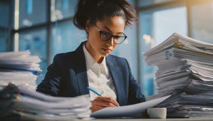 Businesswoman working in stacks of paper files for searching information on work desk in office, business report papers, piles of unfinished documents - obrazy, fototapety, plakaty
