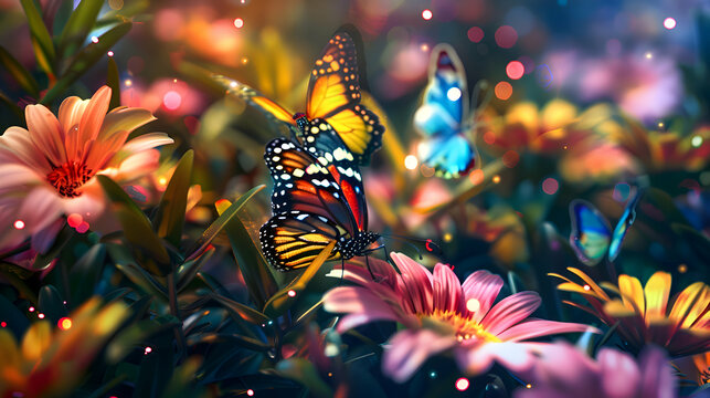 Fototapeta A kaleidoscope of butterflies alighting on vibrant blooms in a botanical wonderland