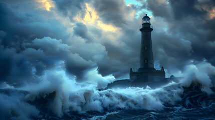 A lone lighthouse stands resilient against roaring waves