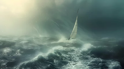 Deurstickers A lone sailboat battles against the wind in choppy waters © Muhammad