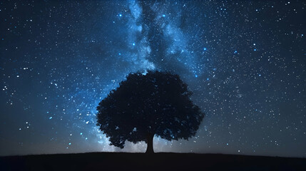 A lone tree silhouetted against a tapestry of stars