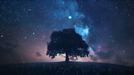 A lone tree silhouetted against a tapestry of stars