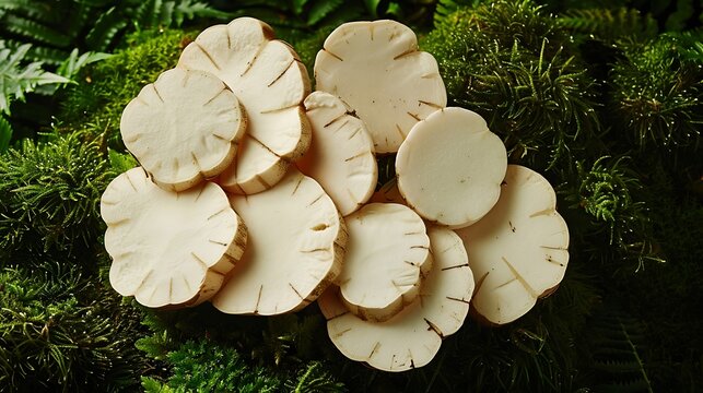 a cluster of marshmallow root slices arranged on a bed of soft moss