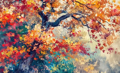 A painting featuring a tree adorned with a variety of vividly colored leaves, showcasing the beauty of nature in full bloom.