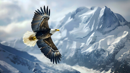 A majestic bald eagle soaring high above snow-capped peaks - obrazy, fototapety, plakaty
