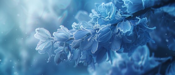 Icy Glow: Close-ups unveil the frosty radiance of cold wildflower bluebell petals in macro shots.