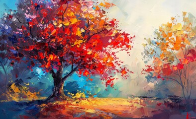 A painting depicting a maple tree shedding its orange and yellow leaves during fall in a forest.