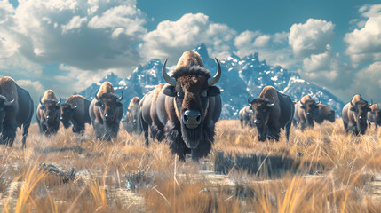 A majestic herd of bison roaming freely across vast plains