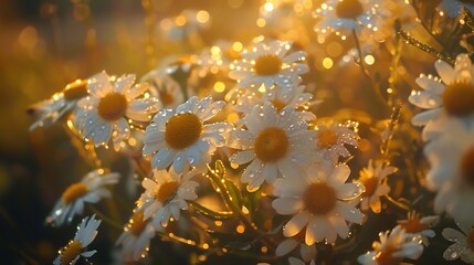 a cluster of feverfew flowers with dewdrops glistening in the morning light