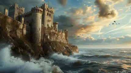 Papier Peint photo Europe méditerranéenne A historic medieval castle on a cliff, ocean waves crashing below, dramatic sky, knights and horses, period architecture. Resplendent.