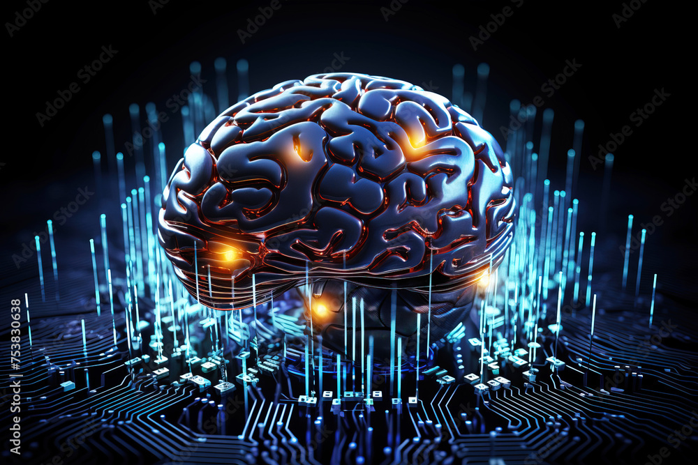 Poster human brain combined with artificial intelligence technology, connected to a computer board, digital