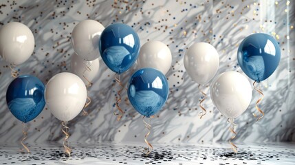 Confetti and blue celebration balloons floating against a silver marble wall. - background, copy space