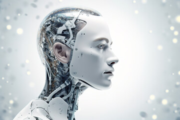 Attractive robot woman with artificial intelligence on a light background. Futuristic illustration of connection between humans and neural networks