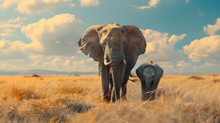 Fototapeta na wymiar A mother elephant leading her adorable calf through the savannah