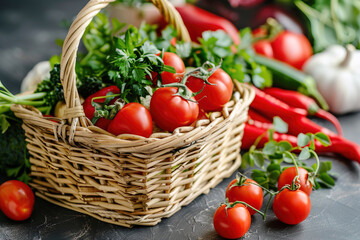 Red ripe tomatoes in a basket in the kitchen