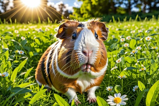 A small brown and white guinea pig is standing in a field of flowers