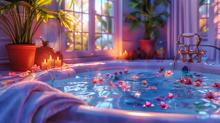 Serenity in Spa Luxury, Bath Awaits Amongst Candles and Blooms, Wellness Redefined - obrazy, fototapety, plakaty