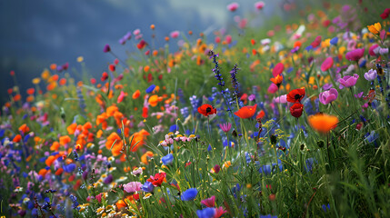 A patchwork quilt of colorful wildflowers carpeting a meadow