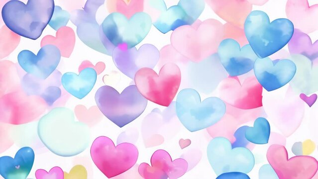 Colorful hearts in soft pastel colors floating against light background. Watercolor style. Romantic abstract backdrop. Concept of love, affection, valentine, tender feelings, greeting. Copy space. Mot