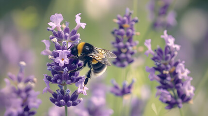 A plump bumblebee gathering pollen from a cluster of lavender blooms