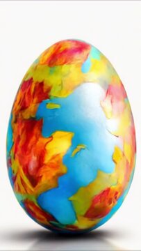 Decorative Easter egg with multicolored patterns, white backdrop. Concept of seasonal Easter decoration, artistic craft, festive egg painting, colorful holiday tradition. Vertical format