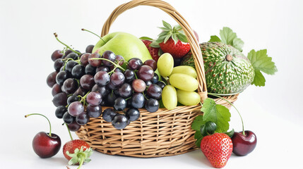 Fruits in basket isolated. Fresh pineapple, tangerines, grapefruit, sweetie, pears and persimmon fruit. White background.