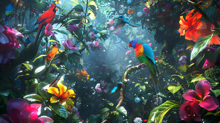 A riot of colors as exotic birds flit among tropical blooms - obrazy, fototapety, plakaty