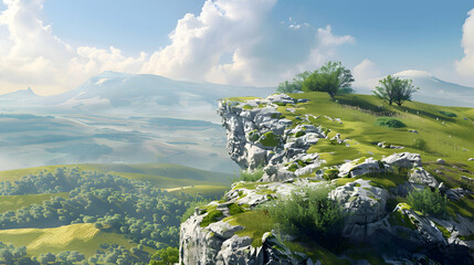 A rocky outcrop overlooking a sweeping vista of rolling hills - obrazy, fototapety, plakaty