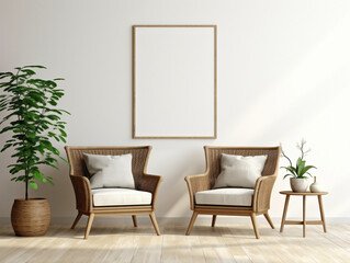Escape to a sanctuary of style with a modern living room adorned with a wicker chair, floor vases,...