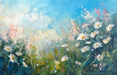 Fototapeta na wymiar A painting featuring white daisies blooming in a field, with vibrant green foliage and a clear blue sky in the background.