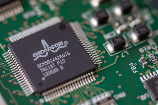 Timisoara, Romania - March 28, 2020: Close-up of a Broadcom BCM5914A2KQTG ethernet controller. Electronic components.