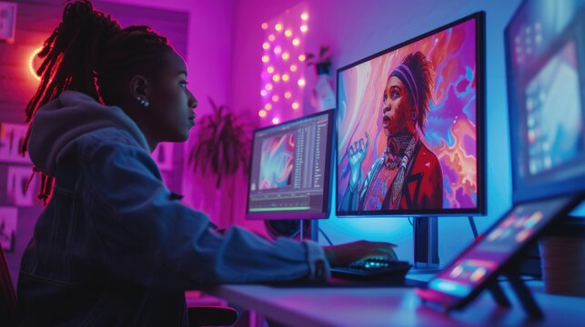 A creative professional is deeply focused on editing visual media on a computer, surrounded by a vibrant and artistic workspace. AIG41