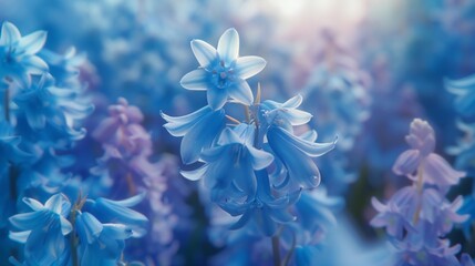 Serene Bluebell Flow: Close-ups showcase the calming, wavy bloom of wildflower bluebell petals. - obrazy, fototapety, plakaty