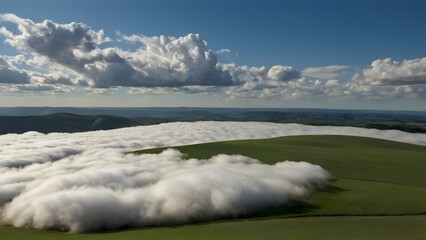 A vast field with fluffy, cotton-like clouds floating above, casting shadows on the rolling hills below.