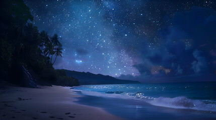 A serene beach under a blanket of twinkling stars