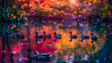 A serene pond reflecting the colorful plumage of a flock of ducks