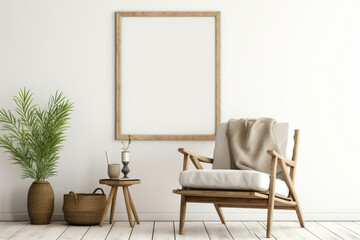 Experience the boho atmosphere of a modern living space adorned with a wicker chair, floor vases, and a blank mockup poster frame on a crisp white wall.