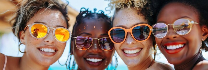 Friendly group at the beach with sunglasses - A group of four diverse women share a joyous moment wearing sunglasses at the beach - obrazy, fototapety, plakaty