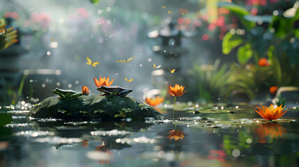 Obraz na płótnie Canvas A serene pond teeming with vibrant frogs and dragonflies