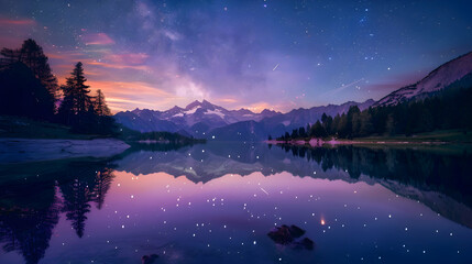 A shooting star reflected in a still mountain lake - obrazy, fototapety, plakaty