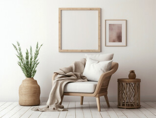 Experience the boho chic vibe of a modern living room adorned with a wicker chair, floor vases, and a blank mockup poster frame against a clean white wall.