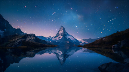 A shooting star reflected in a still mountain lake