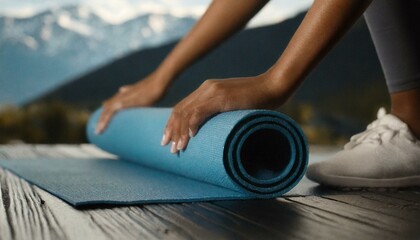 Close-up of woman roll blue yoga mat. Sport, yoga, fitness workout, active healthy lifestyle