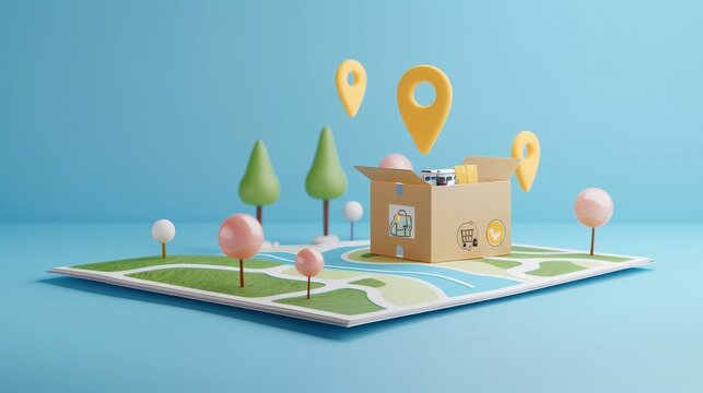 Order tracking , 3D animated map and package icon
