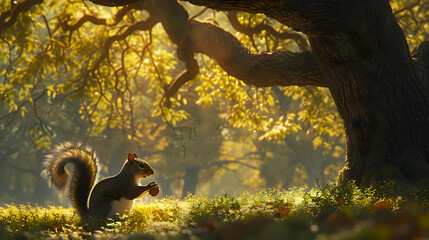 A squirrel gathering nuts beneath a canopy of oak trees - obrazy, fototapety, plakaty