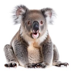 Funny shocked koala with open mouth on isolated white background. Big discounts, surprise, news, raffle concept. Generated AI